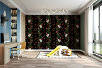 Tropical-inspired wallpaper featuring dark, moody colors and plants


