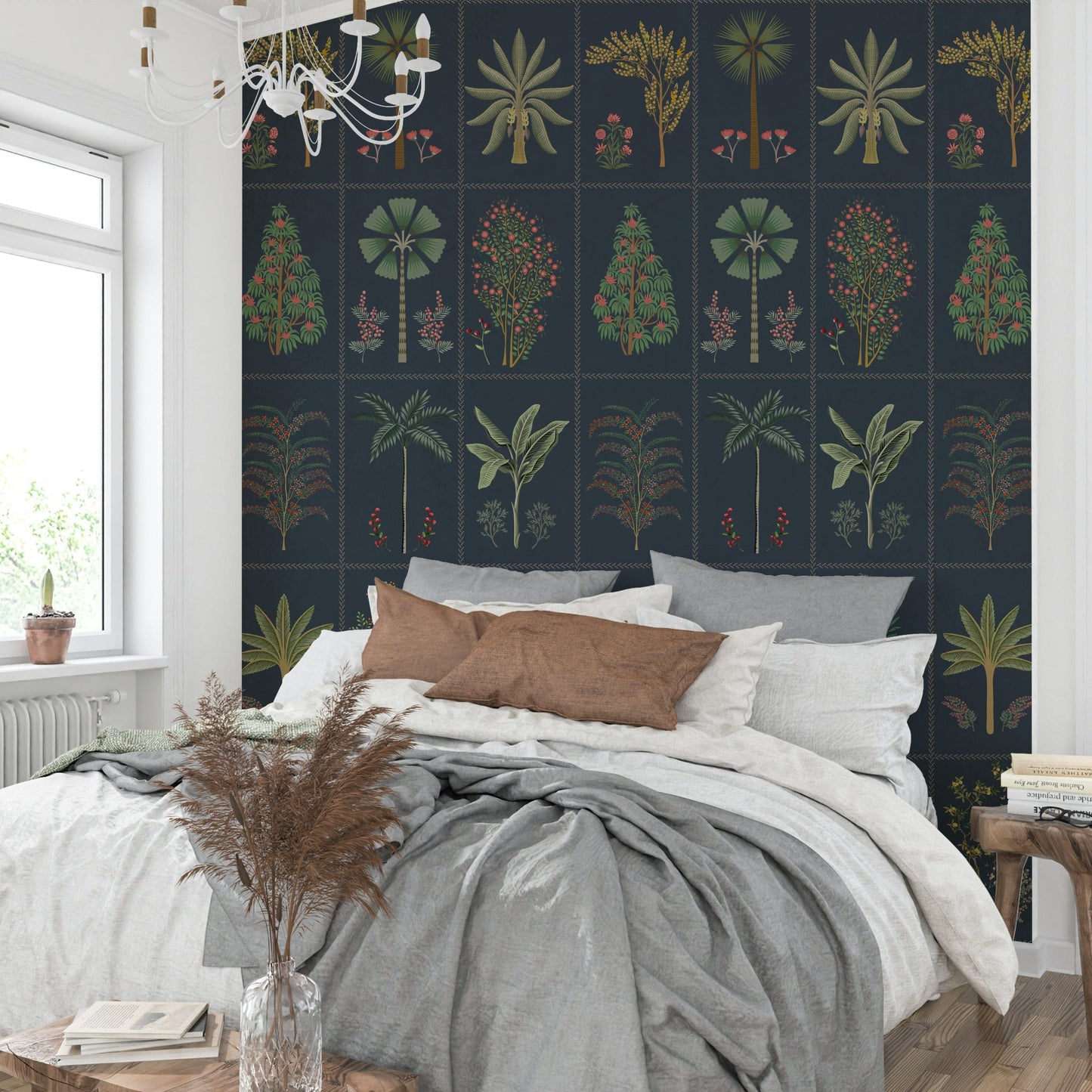 A peaceful wall mural with an organic, botanical design.

