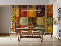 Exotic Spice Collection wallpaper mural in a kitchen diner with a walnut table and woven bench