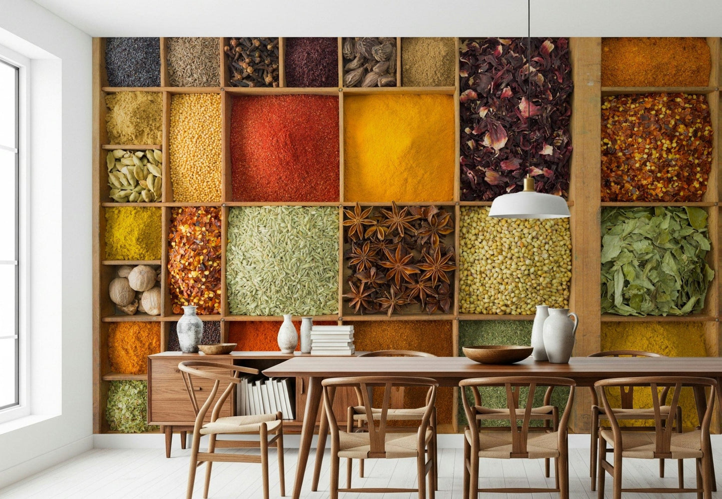 Exotic Spice Collection wallpaper mural in a dining room with wishbone chairs and a wood sideboard