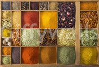 Exotic Spice Collection wallpaper mural shown full-wall, a grid of dried spices and herbs in wood trays