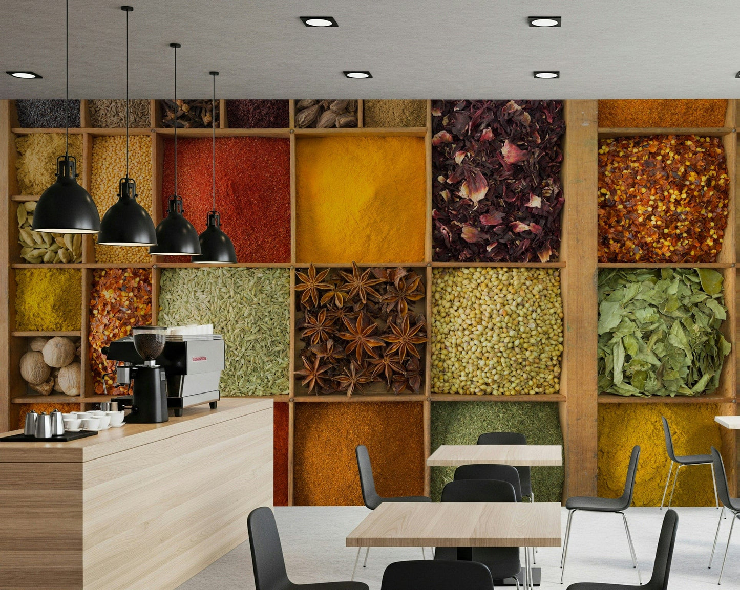 Exotic Spice Collection wallpaper mural of colourful spice trays in a cafe with espresso bar and tables