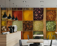 Exotic Spice Collection wallpaper mural of colourful spice trays in a cafe with espresso bar and tables