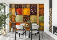 Exotic Spice Collection wallpaper mural in a dining room with a dark wood table and grey chairs