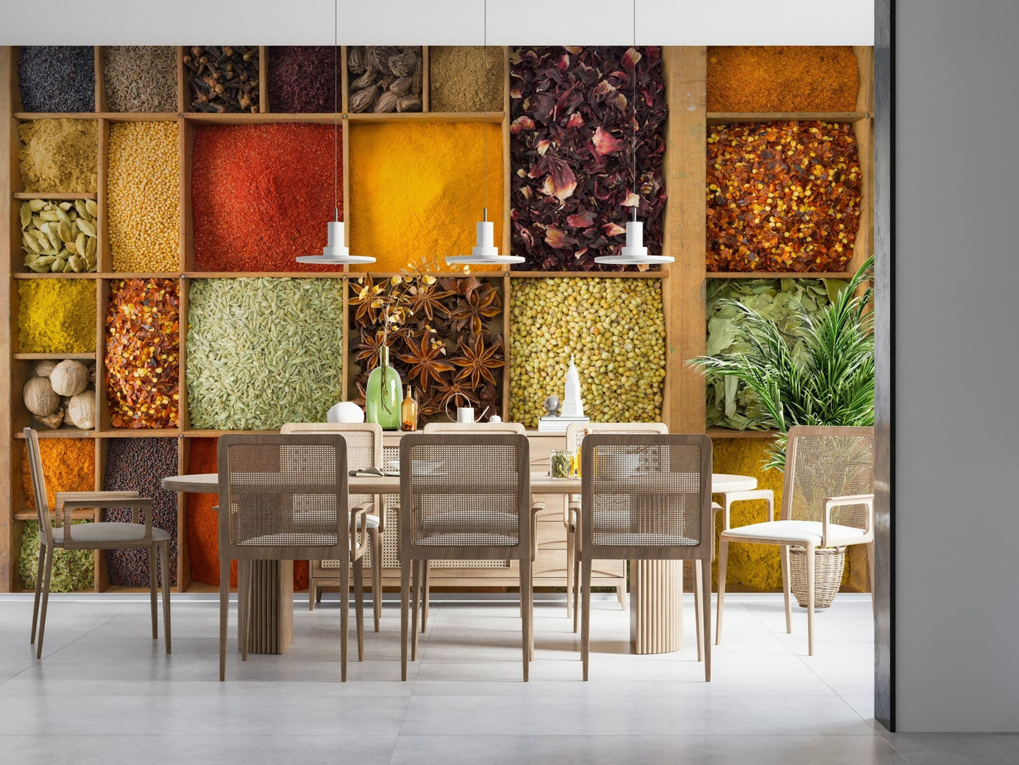Exotic Spice Collection wallpaper mural in a dining room with a fluted wood table and cane chairs