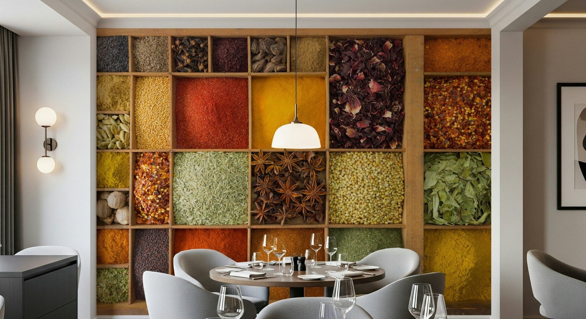 Exotic Spice Collection wallpaper mural in a dining room with a round table and grey tub chairs