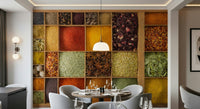Exotic Spice Collection wallpaper mural in a dining room with a round table and grey tub chairs