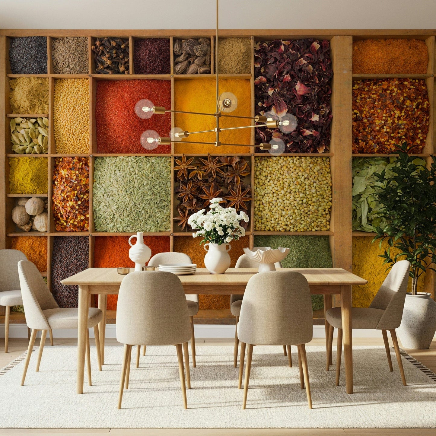 Exotic Spice Collection wallpaper mural behind a wood table with beige chairs and a brass chandelier