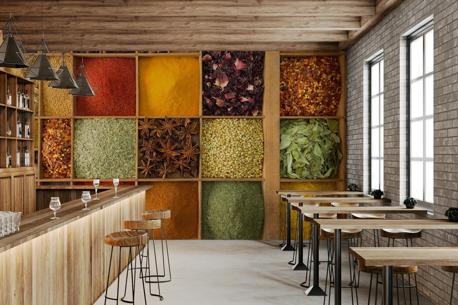 Exotic Spice Collection wallpaper mural in a bar with a wood counter, stools and exposed brick