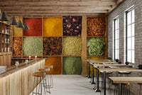 Exotic Spice Collection wallpaper mural in a bar with a wood counter, stools and exposed brick