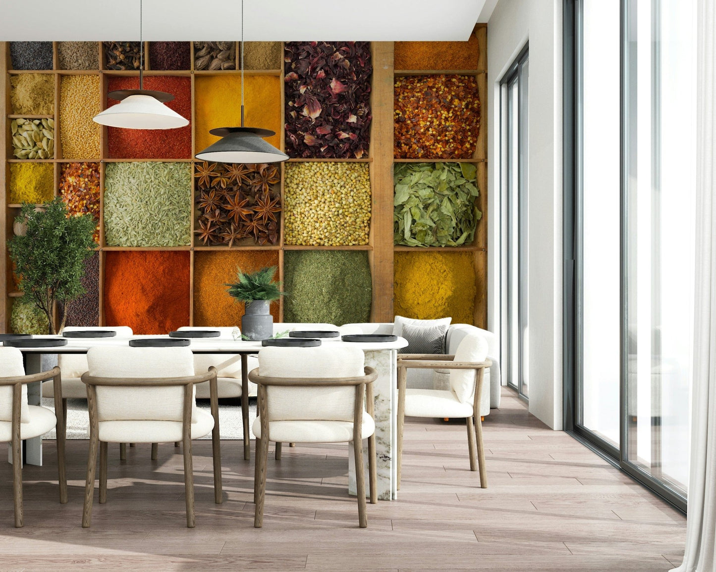 Exotic Spice Collection wallpaper mural in a dining room with a marble table and cream boucle chairs