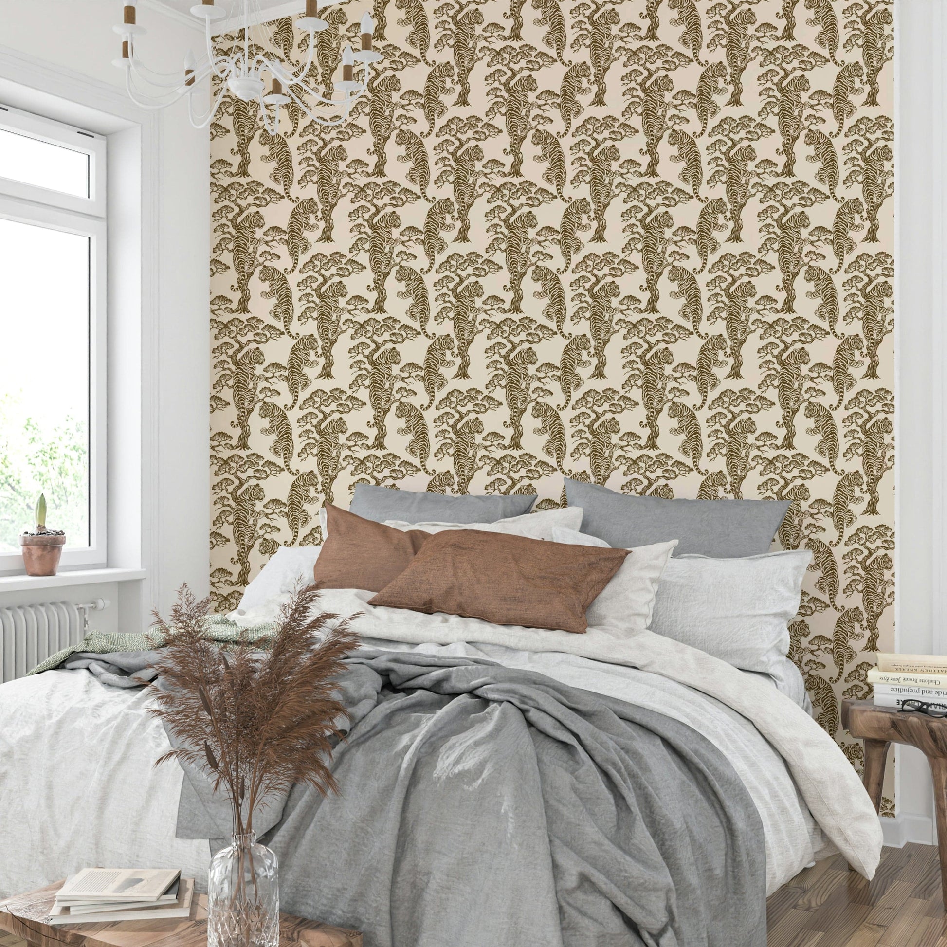 The wallpaper is used to create a feature wall in a dining room.