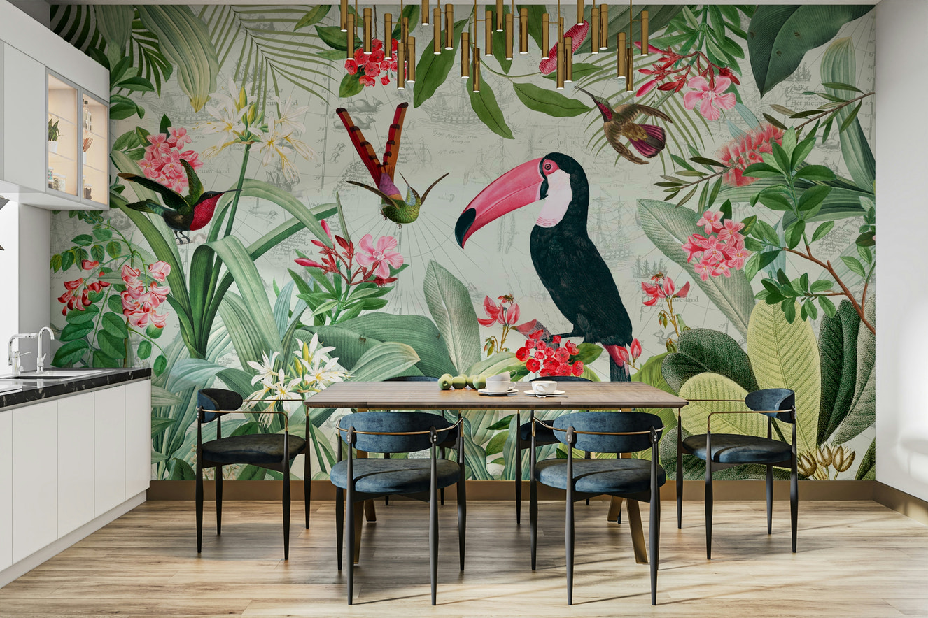 Tropical vintage wall mural with lush greenery and subtle wildlife

