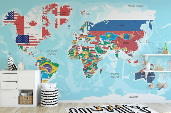 World Flags wallpaper mural shown as a full feature wall that highlights the design