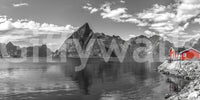 Fjord scenery wall mural for lounge area, mountains and water, calm color tones, modern decor