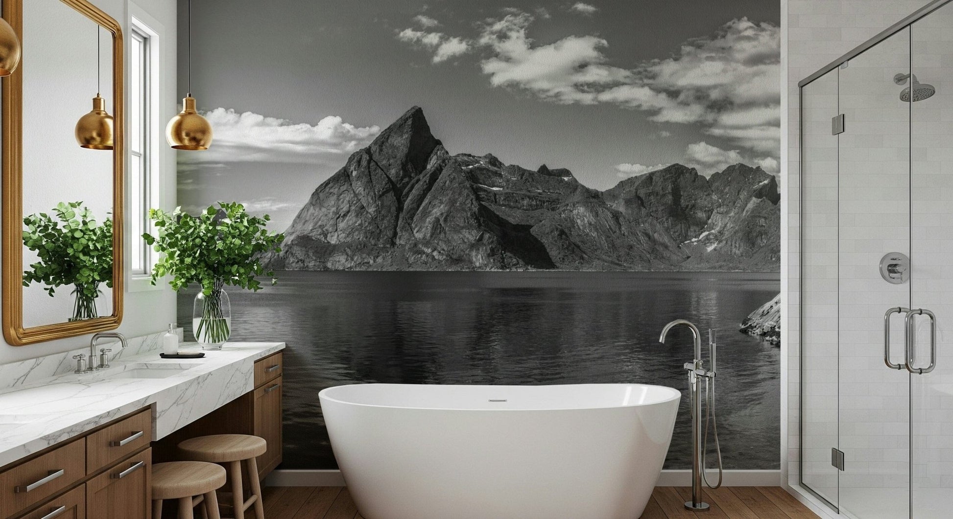 Apartment living room wall mural with Norwegian fjord view, modern style, blue-green color tones