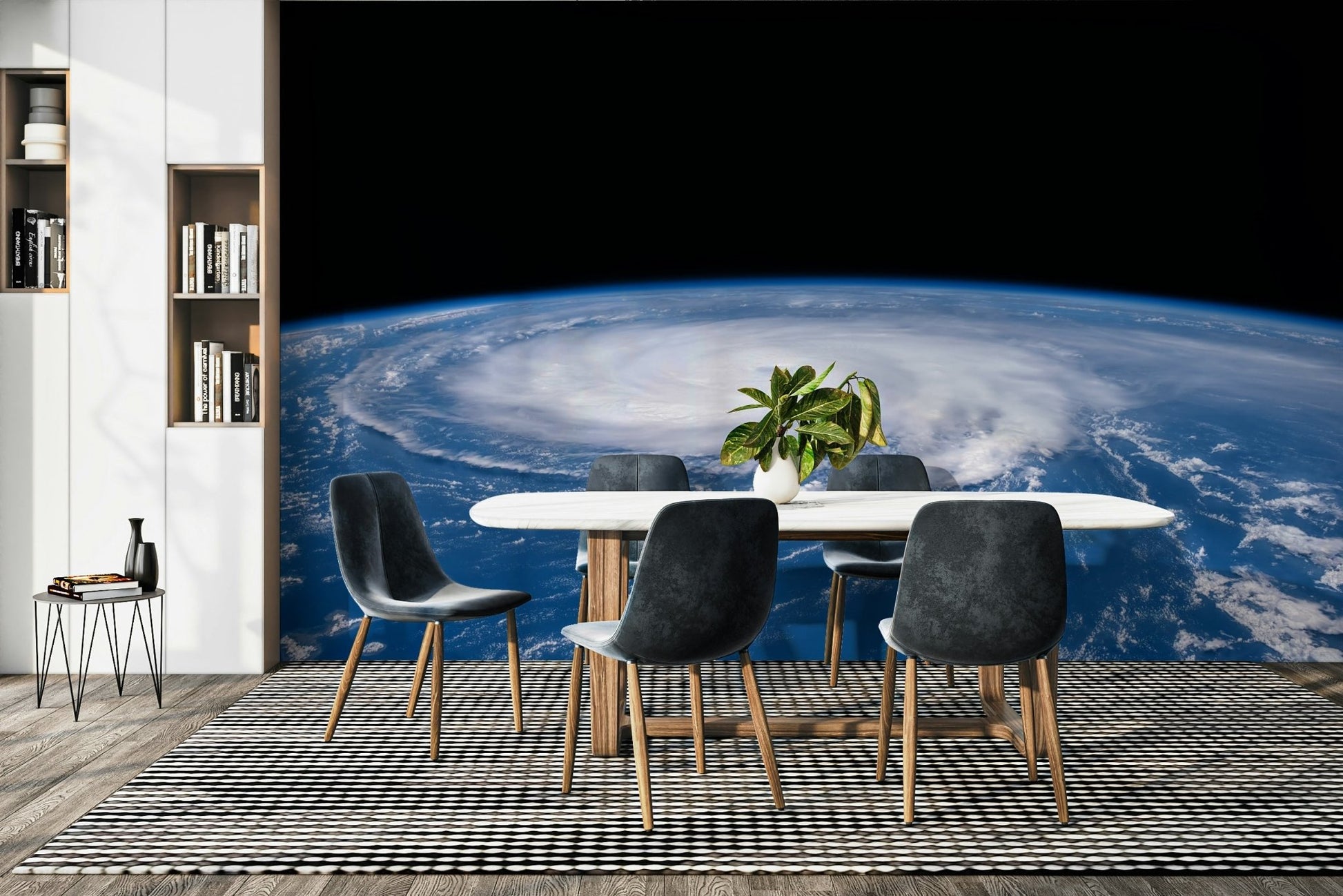 Swirling, dark, and dramatic clouds surround a peaceful circle of clear sky.
