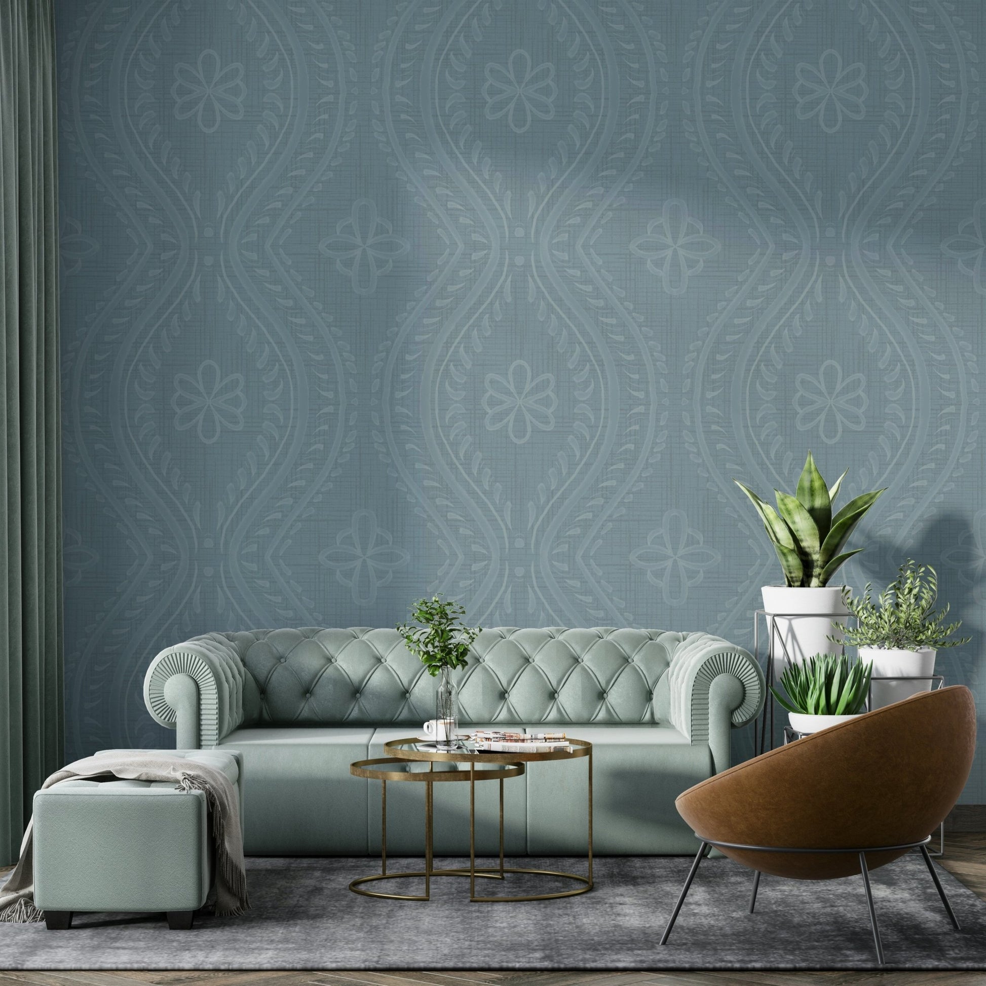 Bedroom styled with Arona damask wall mural

