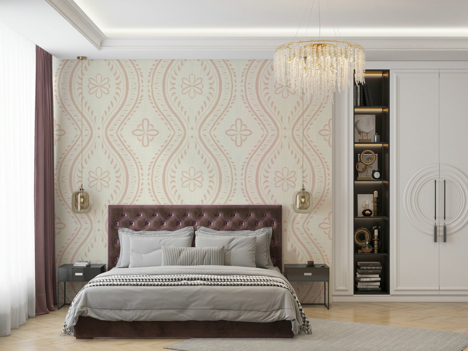 Living room with Cream Tan damask wall mural

