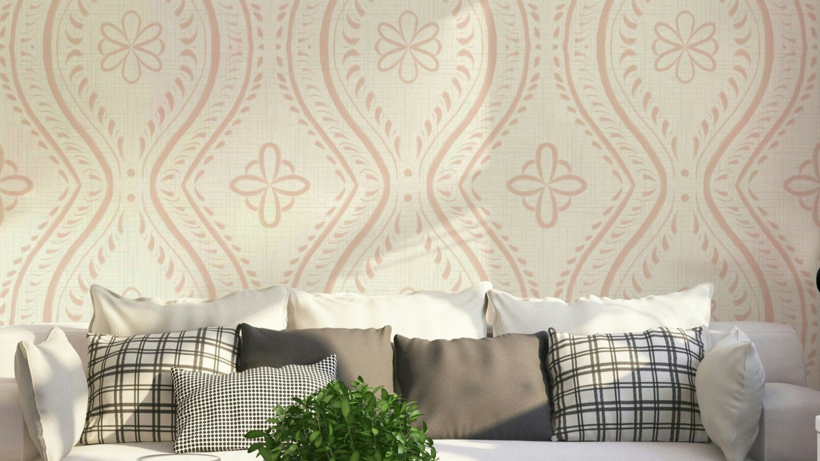 Faded Ogee Damask wallpaper in cream tan tones

