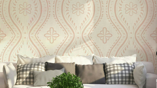Faded Ogee Damask wallpaper in cream tan tones

