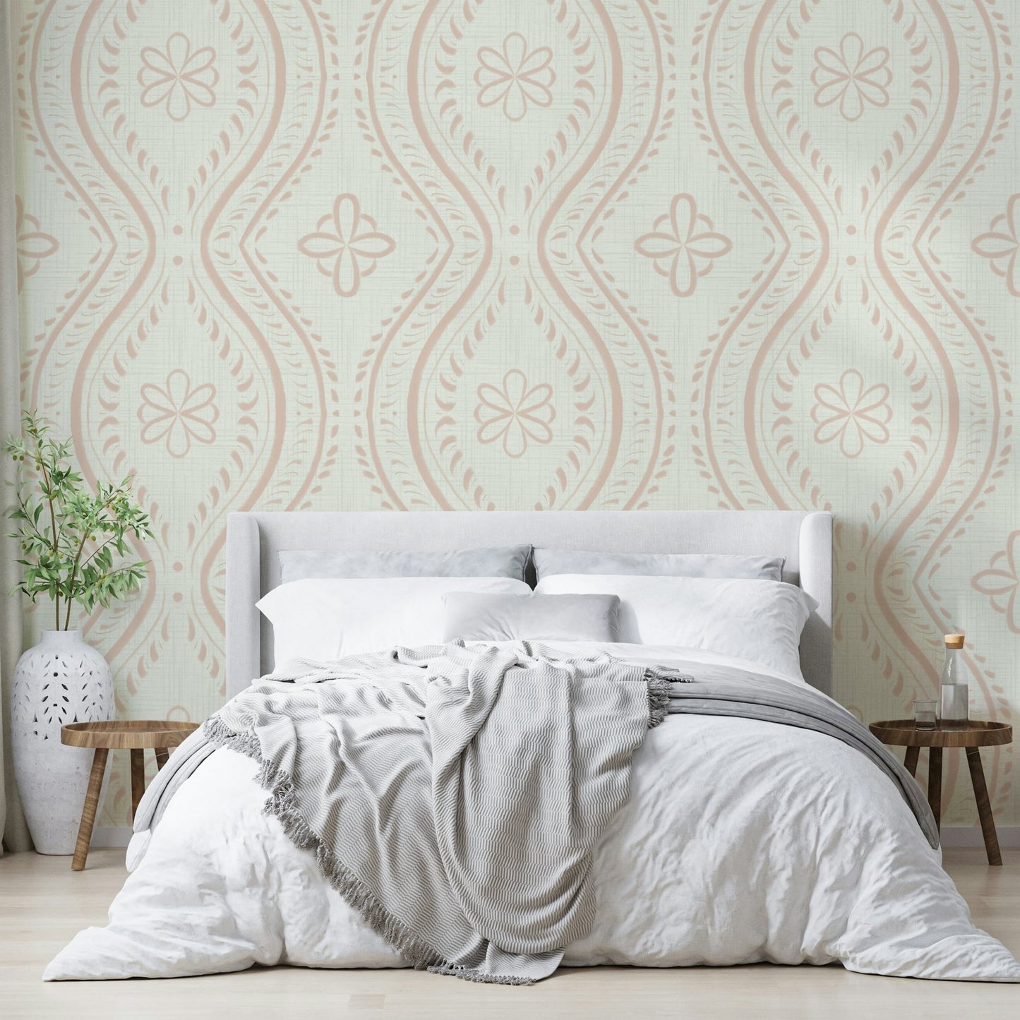 Traditional wallpaper in light tan with faded pattern

