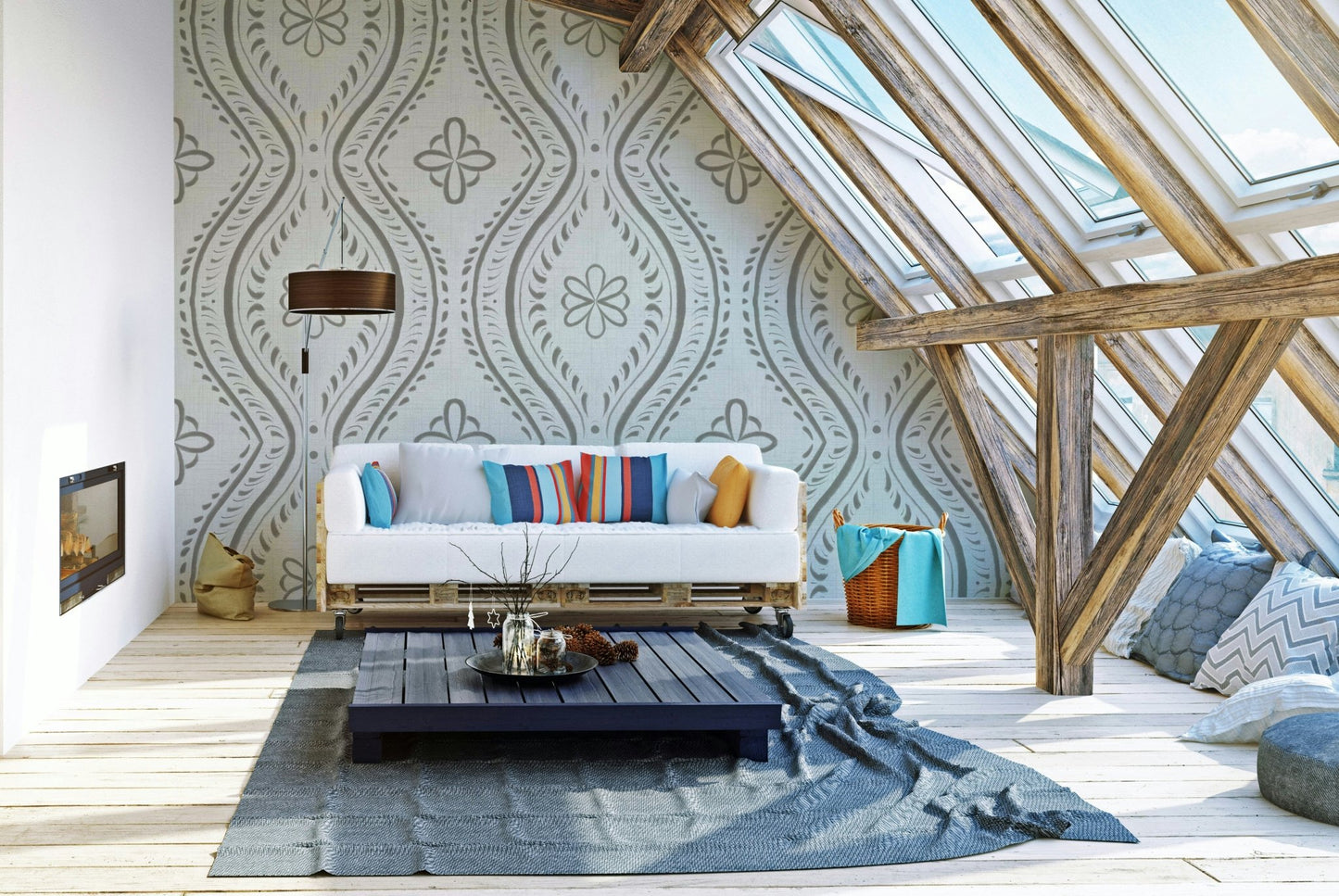 Subtle faded damask wallpaper for calm interiors

