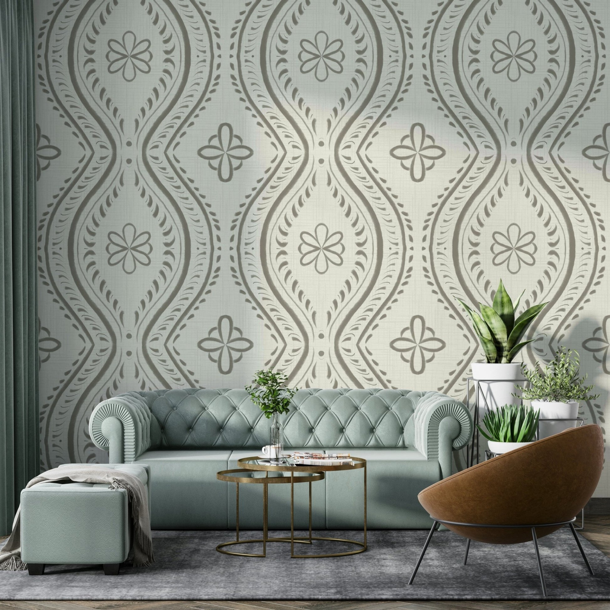 Living room wall mural in green ogee design

