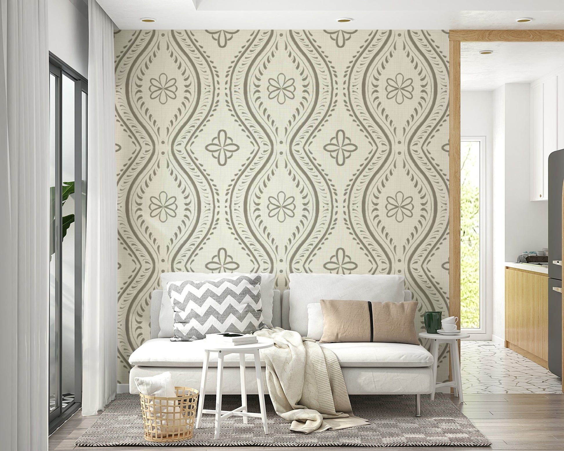 Bright green damask mural in light-filled room

