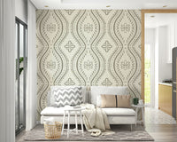 Bright green damask mural in light-filled room

