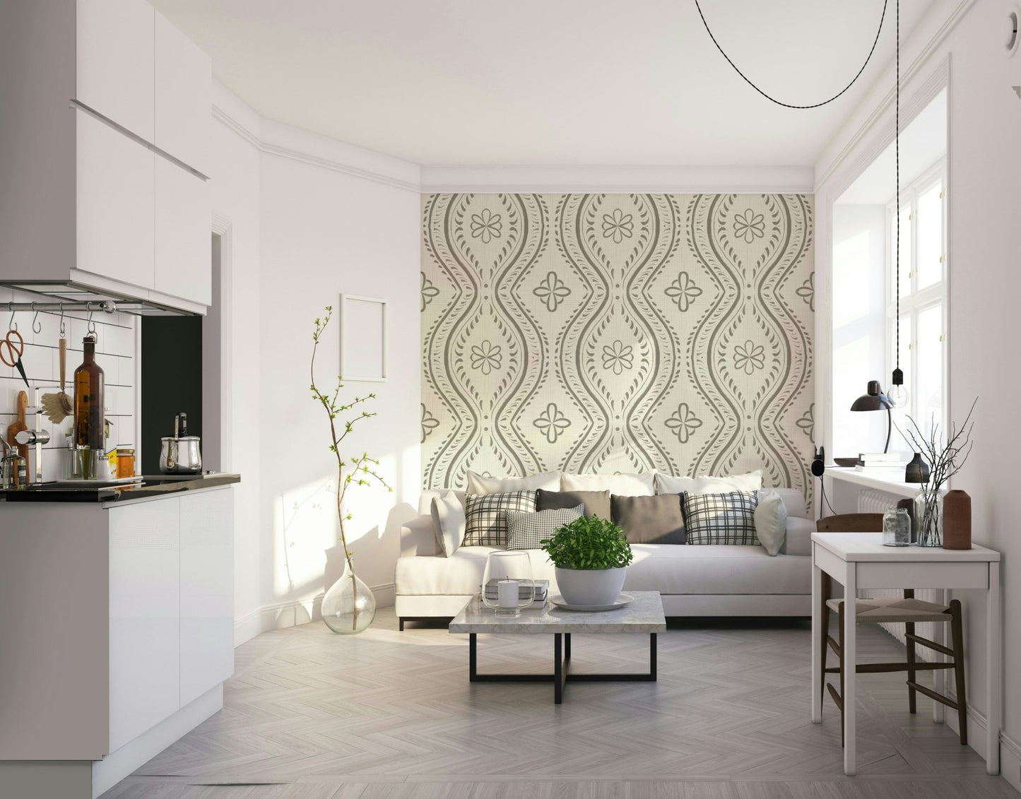 Bedroom styled with laurel oak damask wallpaper

