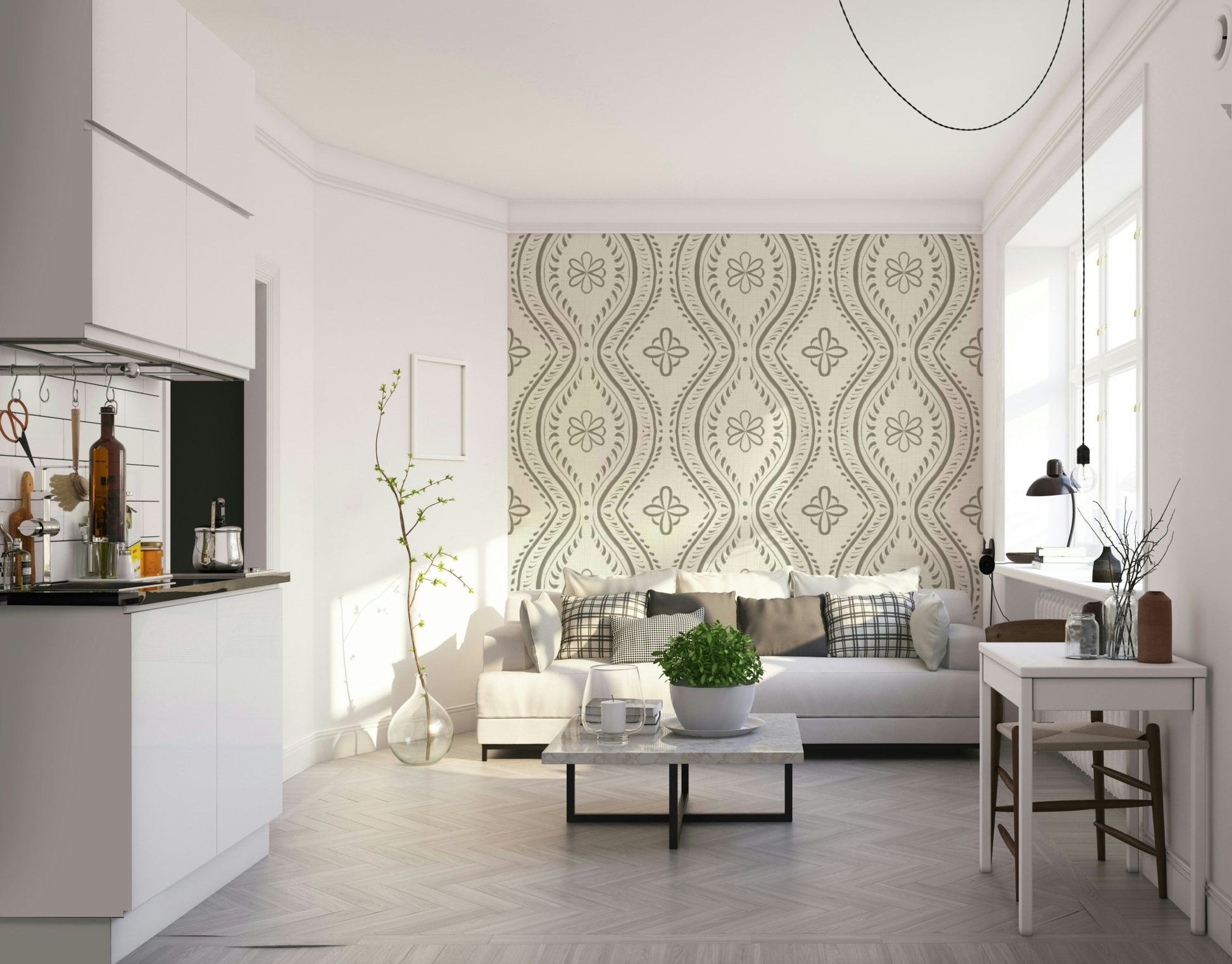Bedroom styled with laurel oak damask wallpaper

