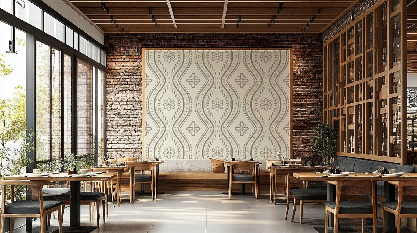 Faded Ogee Damask wallpaper in laurel oak green

