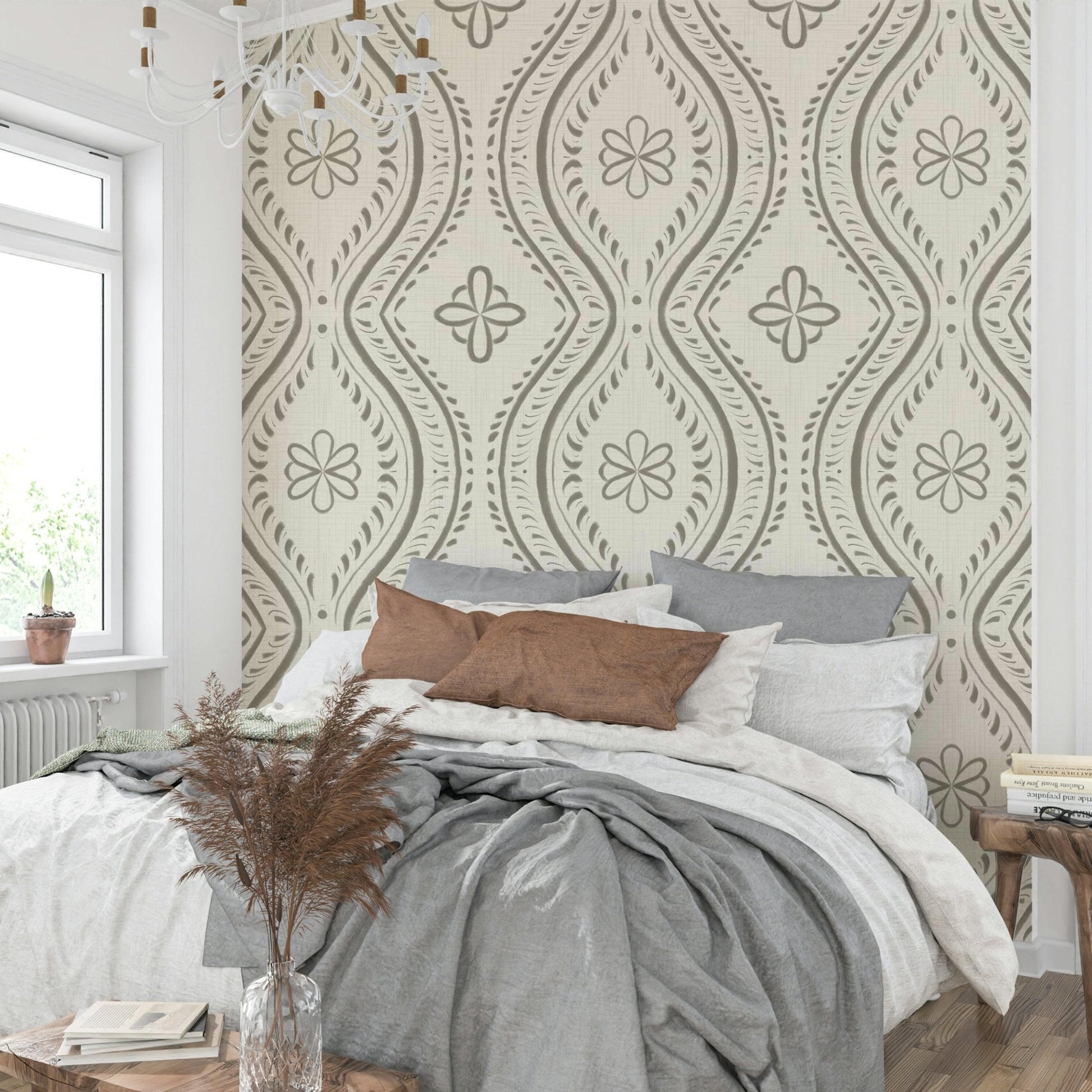 Classic damask design in fresh laurel oak tones

