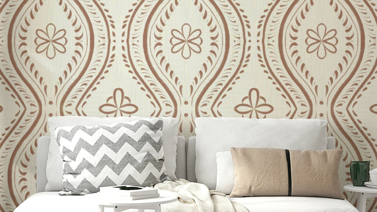 Classic ogee wallpaper in light mocha palette

