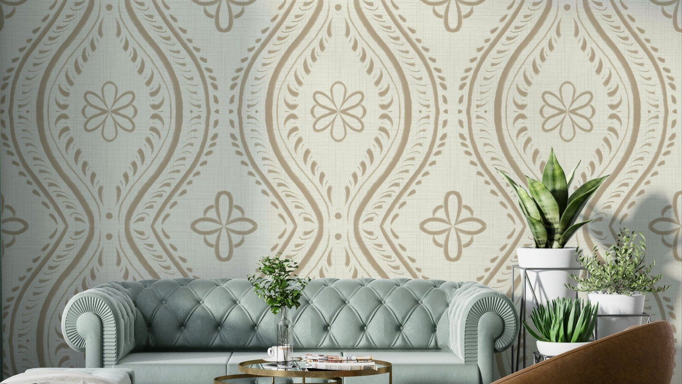 Faded Ogee Damask wallpaper in safari tones

