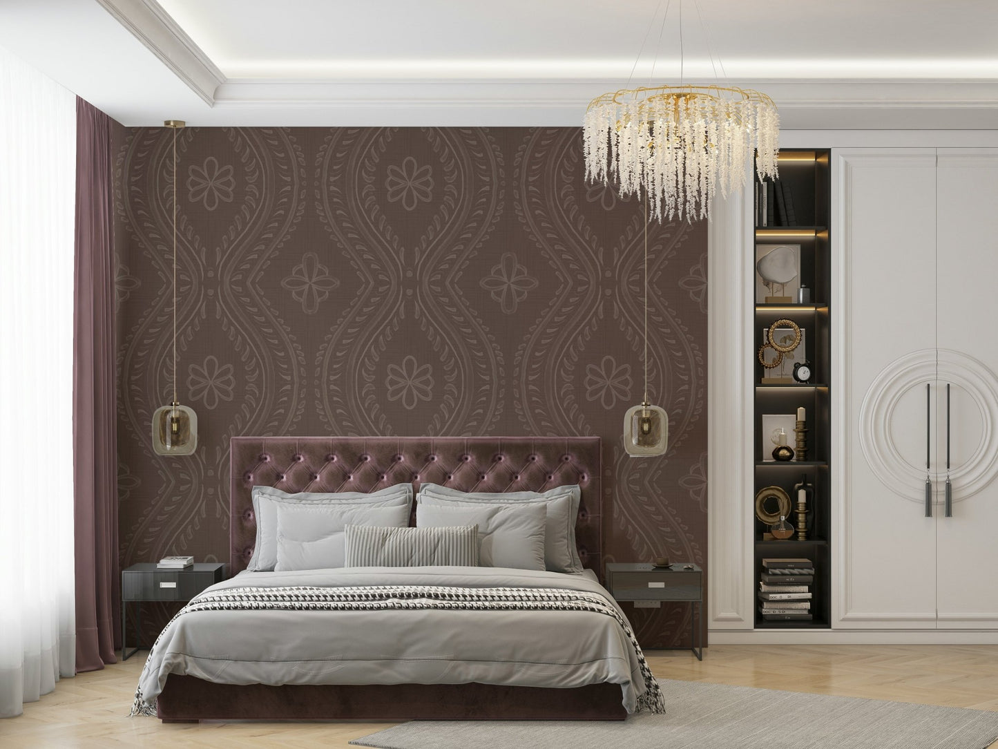 Soft vintage damask mural wallpaper in brown

