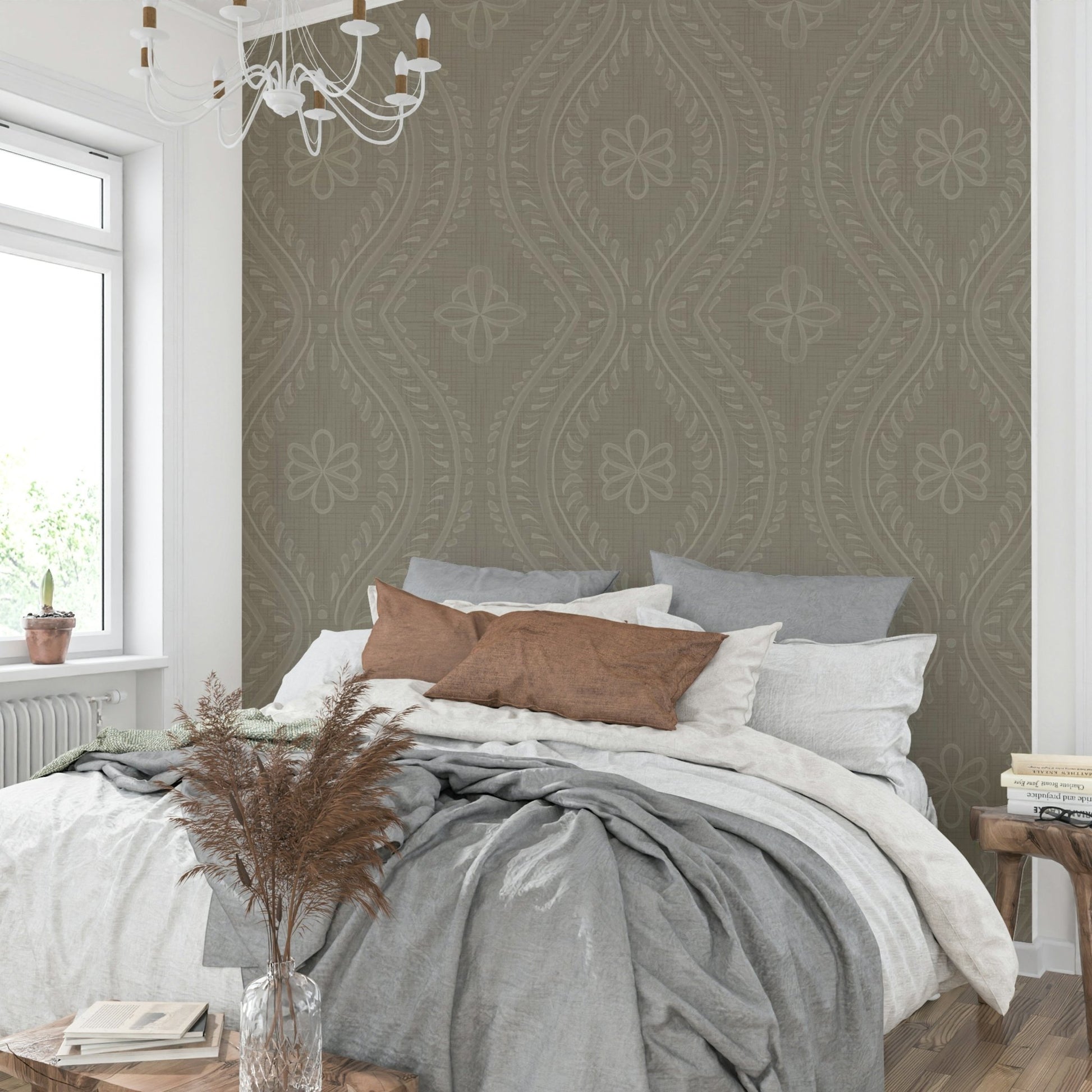 Faded Ogee Damask wallpaper in laurel oak tones

