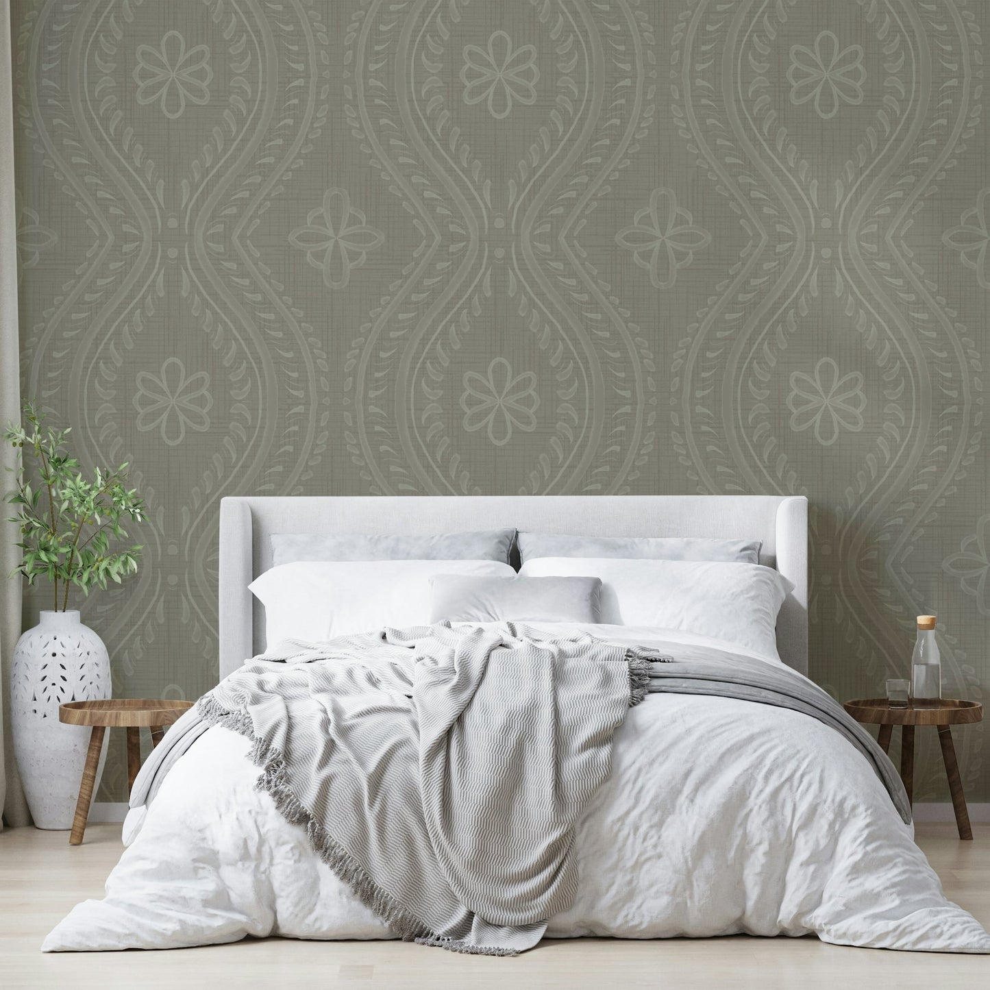 Ogee damask mural in aged, subtle finish

