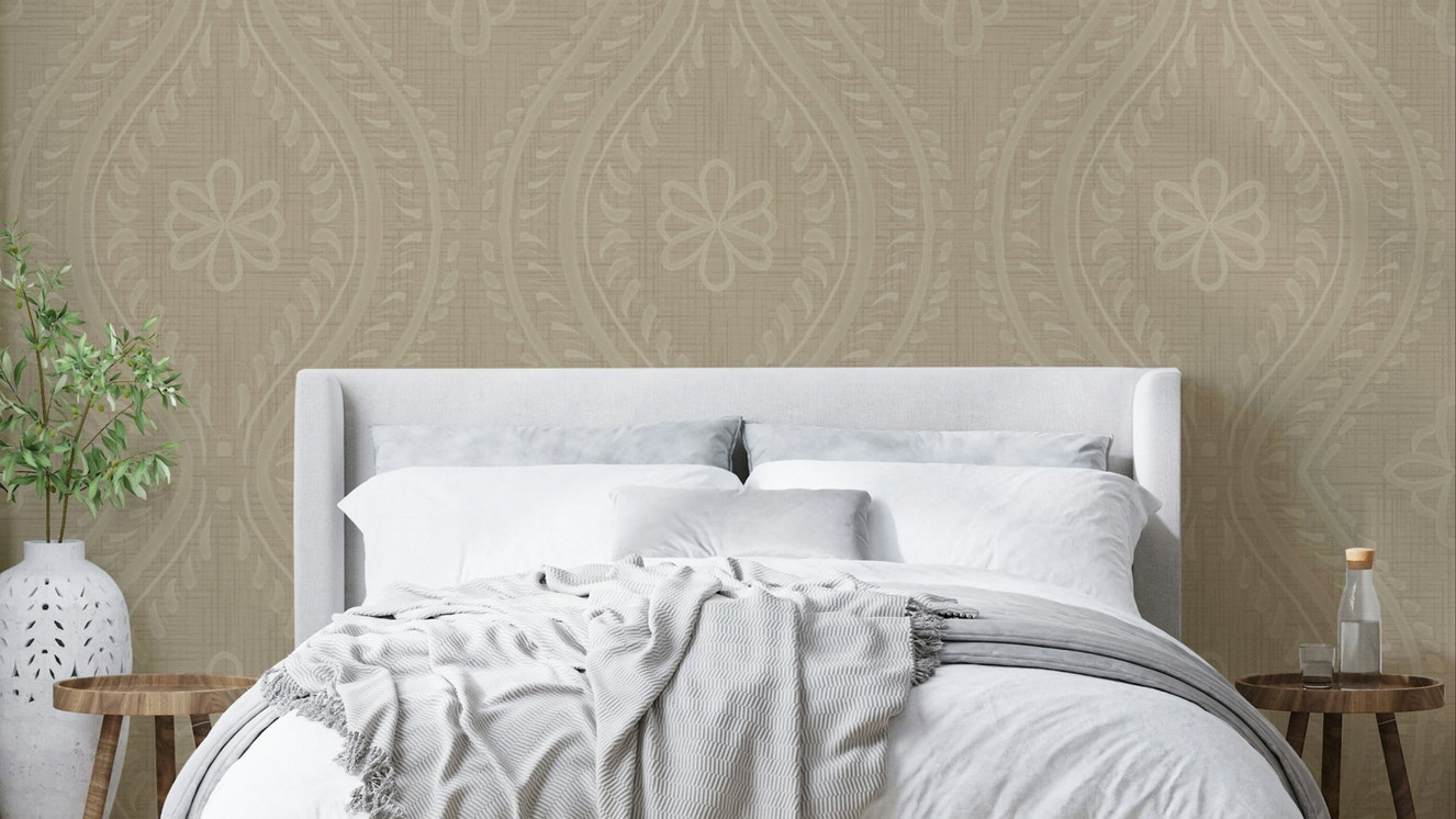 Faded Ogee Damask Safari Wallpaper in neutral tones

