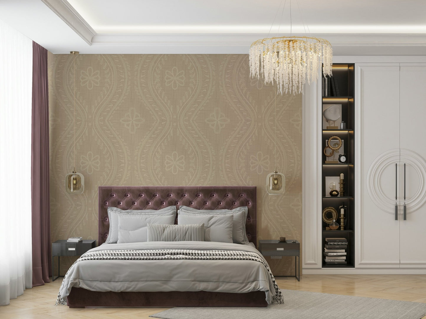 Ogee damask wallpaper with a vintage safari vibe

