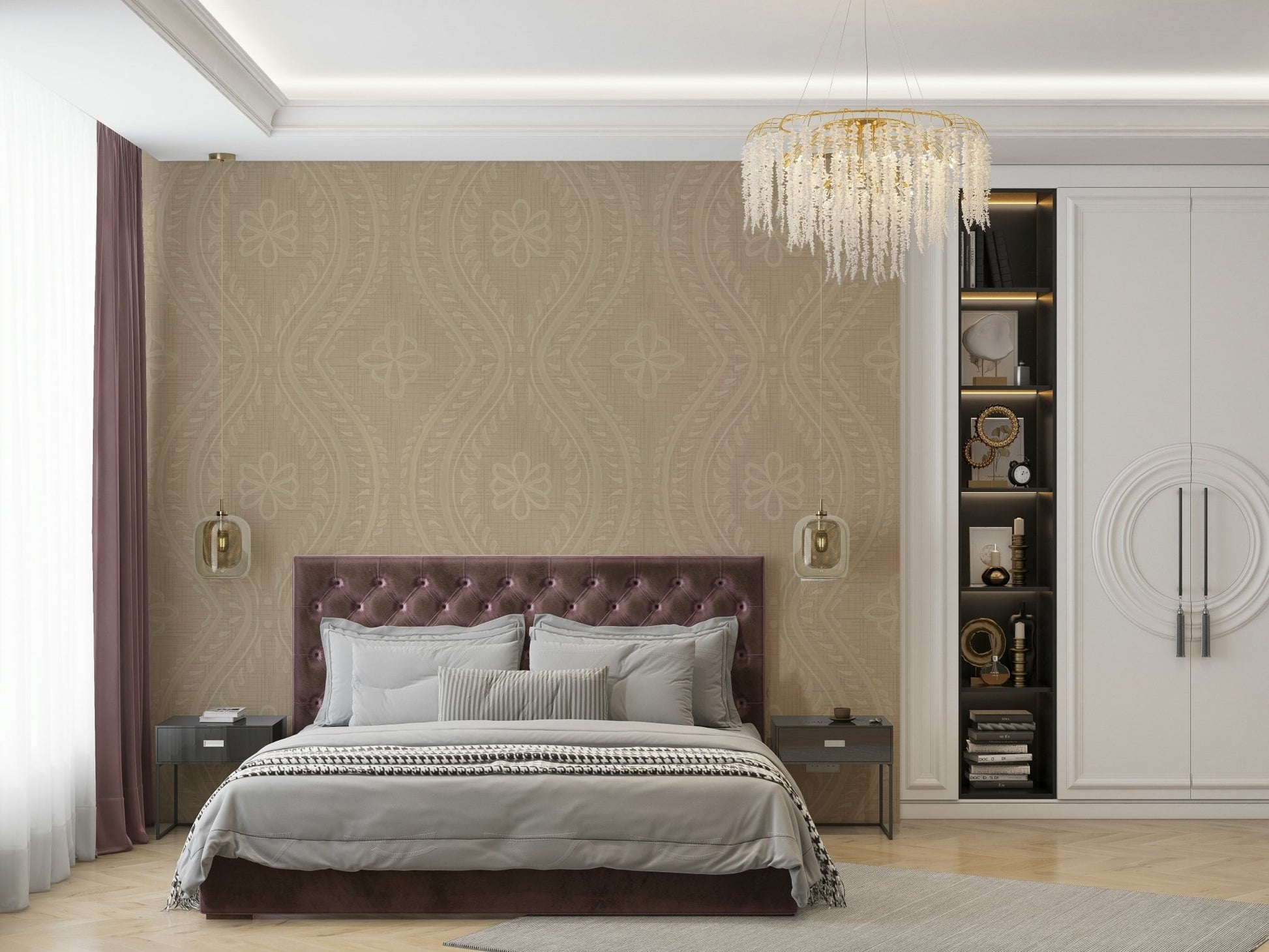 Ogee damask wallpaper with a vintage safari vibe

