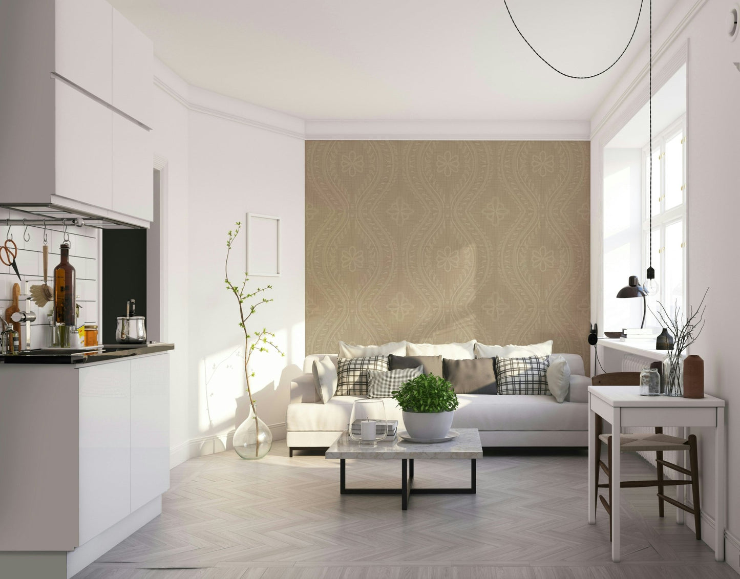 Distressed damask wallpaper in soft earthy colors


