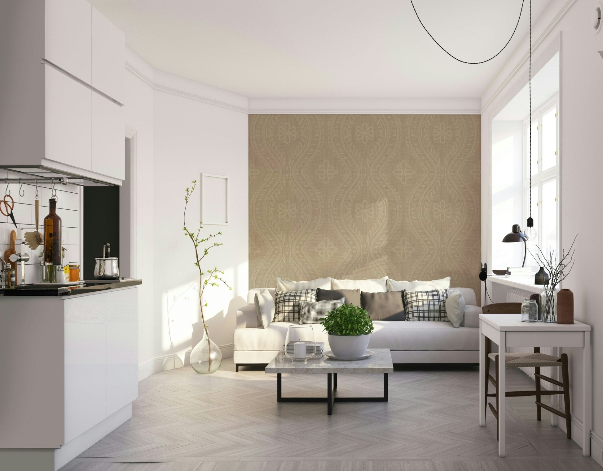 Distressed damask wallpaper in soft earthy colors

