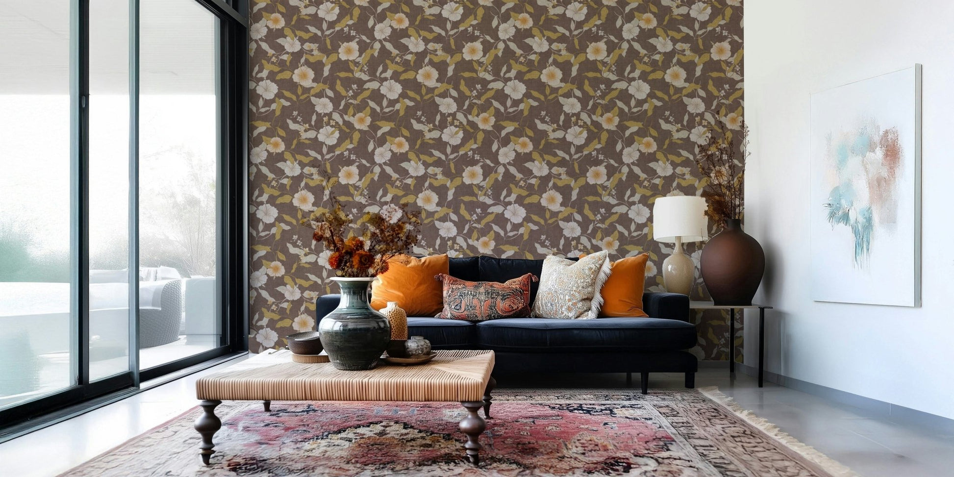 Faded tropical blossoms and leaves; superb choice for a sophisticated library.