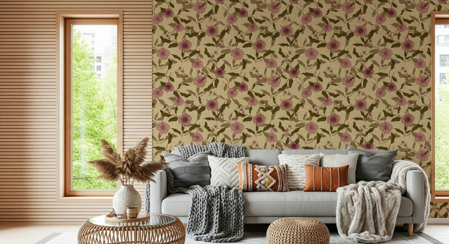 Classic Heritage Tropical Hibiscus, delicate flower sketch interior wallpaper.