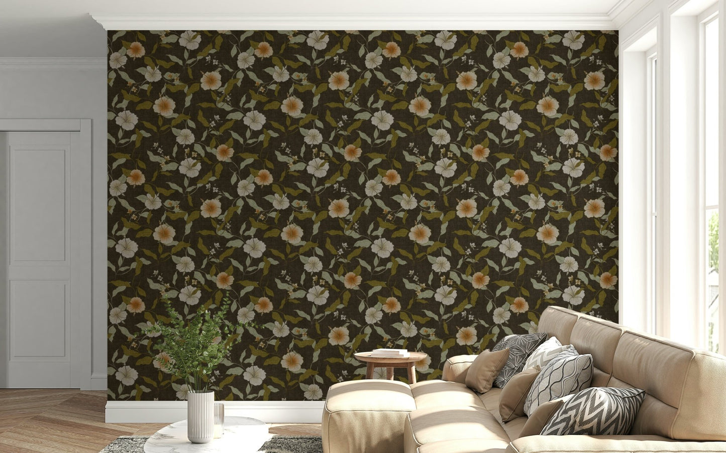 Colonial style Faded Tropical vining mural, historical colors home décor.