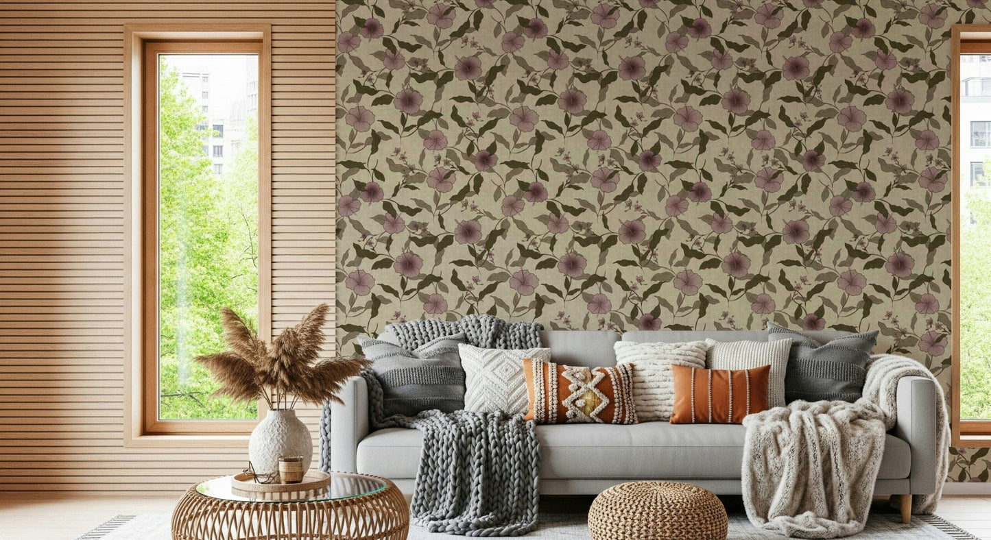 Repetitive purple and green bloom wallpaper for walls.