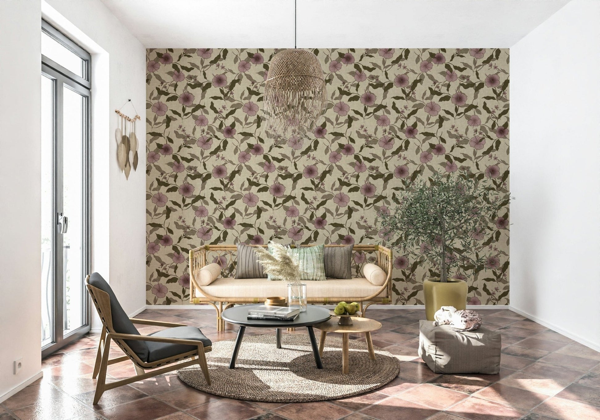 Decorative botanical pattern wall mural for a chic room.