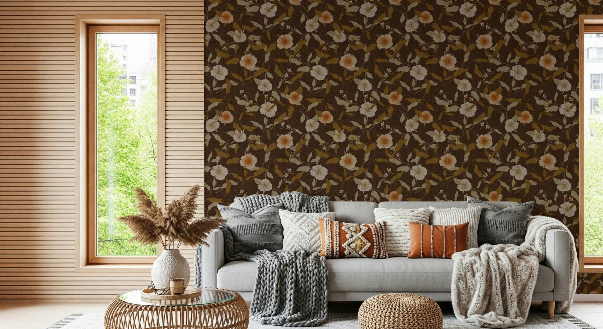 Faded Tropical Floral Warm Vintage hibiscus wallpaper mural décor.